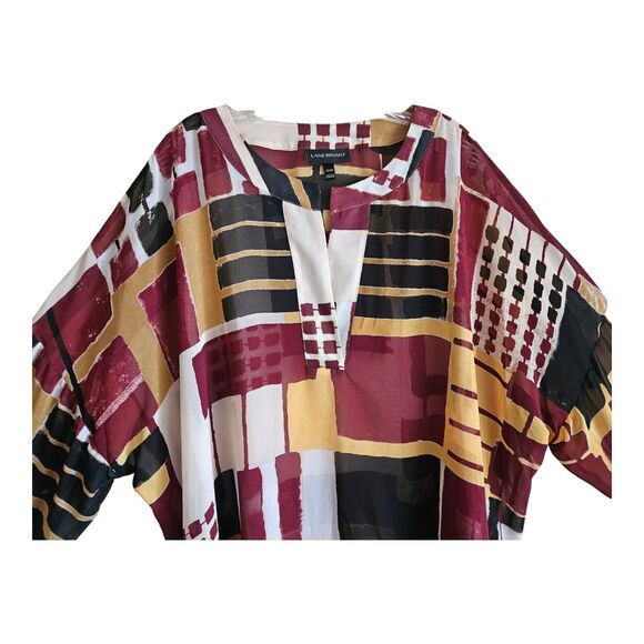 LANE BRYANT Women's Plus 22 24 Tunic Top Geometric Burgundy Yellow Oversized 66" - Picture 2 of 7